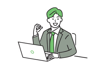 Businessman Working On Laptop. Illustration of a positive businessman full of energy with a smile. Businessman working on a laptop flat illustration and Vector design.