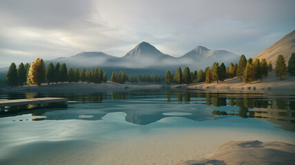 The calm waters of a mountain lake reflect the surrounding trees and mountain range.