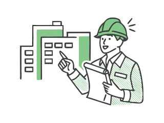 Architect holding a blueprint. Male Engineer Wearing Hardhat Standing In Front Of The Building Construction. 
