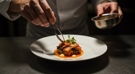 Chef preparing delicious kimchi dish gourmet food plating elegant restaurant eat fine dark spicy