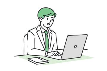 Businessman Working On Laptop. Illustration of a positive businessman full of energy with a smile. Businessman working on a laptop flat illustration and Vector design.
