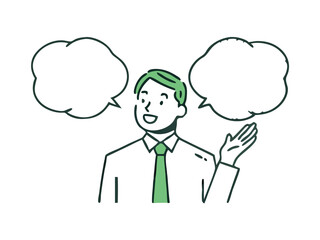 Young thoughtful guys think. Simple vector illustration material of a worried young businessman holding his head with a speech bubble.