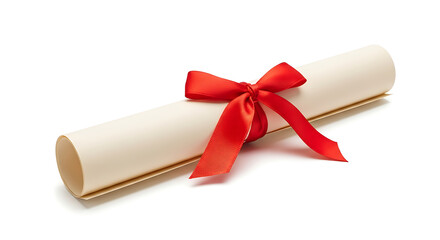 Diploma Scroll Tied with Red Ribbon Isolated on Pure White Background, Graduation Concept
