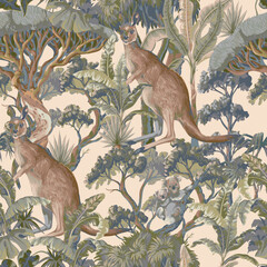 Seamless pattern with Australian animals and trees. Vector. © Yumeee
