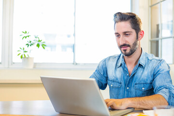 Man typing on silver laptop at wooden desk in bright office with potted plant, copy space