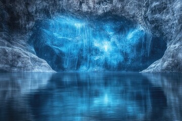 A serene, glacial cave entrance with icy formations is reflected in the still, blue water below.