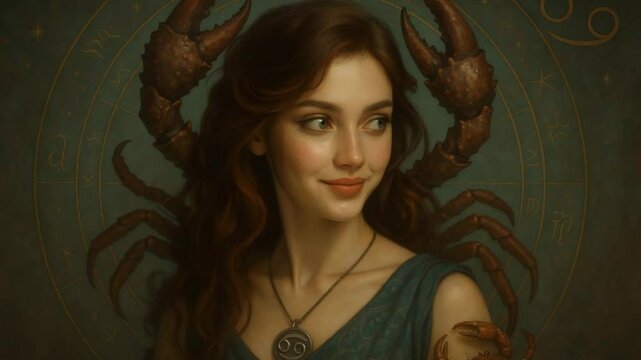 Woman with Cancer zodiac sign symbol and scorpions in mystical background showcasing astrology elements zodiac sign