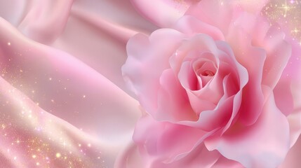 Delicate pink rose on a soft, flowing fabric background.