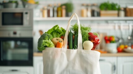 Cotton bag filled with broccoli, carrots, cucumbers, lettuce, onion, dill, and bell peppers placed on a kitchen counter in a bright modern home interior