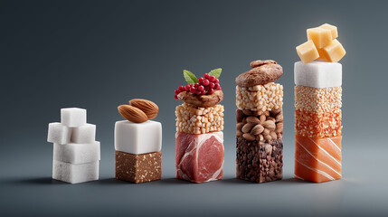 Variety of protein and granola bars with nuts and berries on minimal blue background, concept of fitness and energy snacks