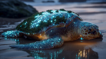 magical turtle with shell covered in bioluminescent moss and starry patterns, resting on wet sand