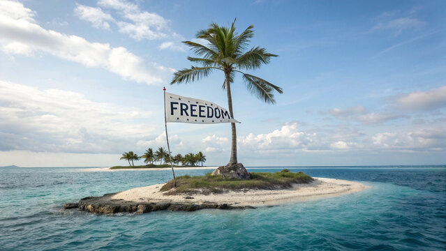 Remote Micronation Freedom Island with Palm Tree Flag