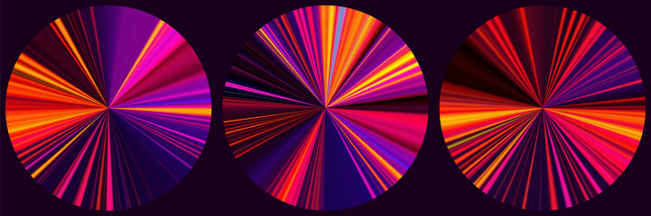 Set of vibrant circles with unique polar coordinates futuristic color explosion patterns and vivid dynamic motion. Colorful radial burst in geometric circular digital speed lines. Vector illustration