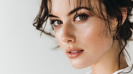 Beautiful Woman Portrait Soft Makeup Natural Light Stunning Eyes Brown Hair Elegant Feminine Attractive Face Closeup Skincare Cosmetology Beauty Model Photo Shoot High   