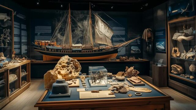A maritime museum interior featuring a large model ship and various artifacts displayed on wooden tables and shelves. The setting is well-lit and organized.