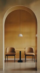 Fototapeta premium Elegant minimalist interior design with archway, table, and chairs in warm tones