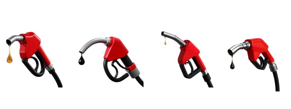 Four red gas pump nozzles isolated on transparent background