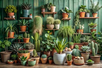 Collection of Potted Plants and Cacti on Wooden Shelves