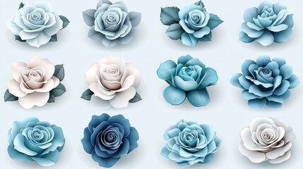 Assorted blue roses on a blue background