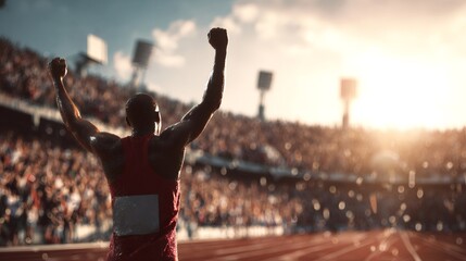 Winning athlete celebrating with arms raised in stadium