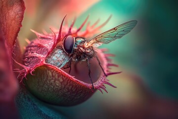 A fly trapped in a Venus flytrap, close-up, detailed photography of carnivorous plant.