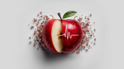 Red apple with heartbeat graph and chia seeds on white background representing healthy diet, heart care and nutrition