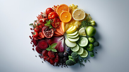 Creative flat lay of assorted citrus fruits, cucumbers, and berries forming a colorful health and nutrition concept circle