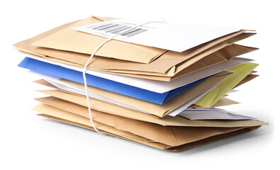 Stack of different paper envelopes isolated on white. Post office