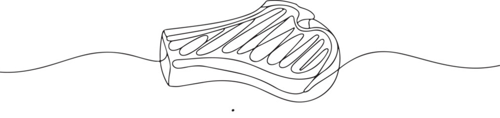 Obraz premium Continuous one line drawing of a grilled ribeye steak with T-bone and grill marks, minimalist black line art on white background