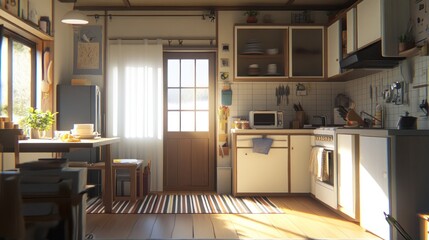 Fototapeta premium Cozy, sunlit kitchen interior design, showcasing warmth and simple elegance.