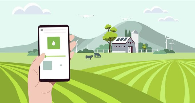 Modern farming. Moving banner with man gardener managing farm using smartphone app. Drone watering fields. Smart and technological agriculture. Cartoon flat graphic animated cartoon