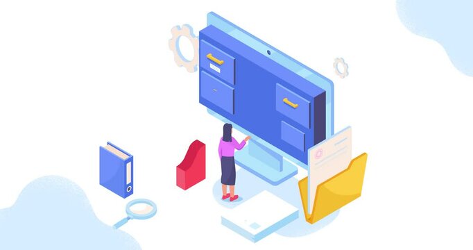 File storage. Moving banner with girl in archive working with documents, statistics, data and graphs. Analytical department, paperwork and info flow. Isometric 3D graphic animated cartoon - Powered by Adobe