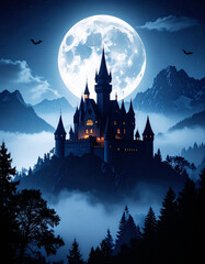 Castle silhouette under a full moon, misty mountains. AI