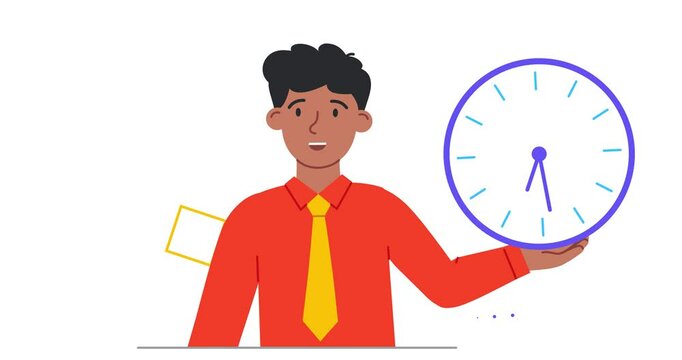 People interact with time. Moving banner with smiling male entrepreneur or office worker holding big clock. Metaphor for effective planning and time management. Flat graphic animated cartoon