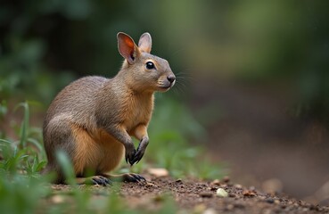 Obraz premium Agouti rodent mammal. Cute rodent with furry coat sits. Grey, brown tones with green foliage background. Wildlife scene, animal in natural habitat. Small mammal portrait.