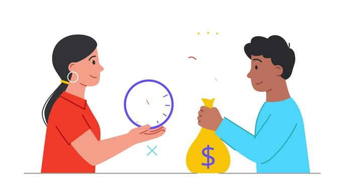 People interact with time. Moving banner with male entrepreneur exchanging money for employee working time. Time equals money. Business planning and efficiency. Flat graphic animated cartoon