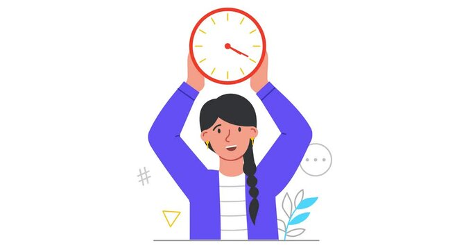 People interact with time. Moving banner with happy female office worker holding big clock. Metaphor of effective planning, self organization and time management. Flat graphic animated cartoon