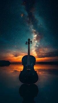 Silhouette of a cello reflecting on a still lake at sunset against a night sky full of stars.