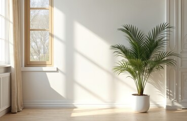 Home interior with window. Natural light filters through curtains, illuminating wooden details. A large green plant in a white pot adds life to the space. Cozy, modern decor, minimalist style.