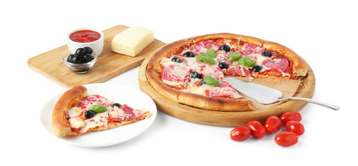 Tasty pizza and ingredients isolated on white