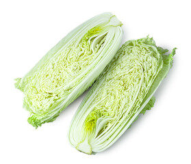 Halves of fresh Chinese cabbage isolated on white, top view