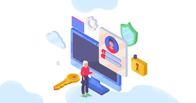 Protection of personal data. Moving banner with man entering login and password to log into his account. User authorization and authentication in social networks. Isometric 3D graphic animated cartoon