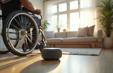 Person in wheelchair interacts with smart home device in modern living room. Accessible tech assistant offers home automation, control. Smart speaker, voice control integration. Home automation