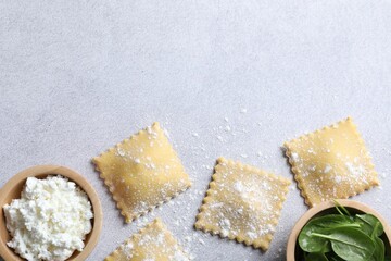 Uncooked ravioli, cottage cheese and spinach on light table, flat lay. Space for text