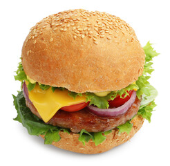 Delicious hamburger with patty and cheese isolated on white