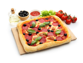 Tasty square homemade pizza and ingredients isolated on white
