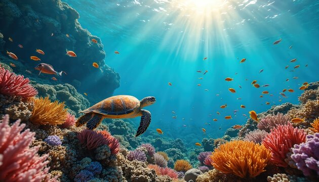 Vibrant underwater panorama showcasing coral reef with diverse fish, sea turtle. Colorful marine life thrives in sunlit ocean. Tropical ecosystem, ideal for travel, tourism, marine biology projects.