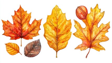 Autumn leaves, vibrant fall foliage on a white background