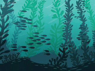Underwater Scene with Fish and Seaweed - Oceanic Background with Marine Life