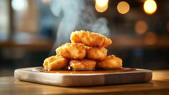 Mouthwatering plate of honey-drenched chicken nuggets, steam rising as golden glaze pools on wooden serving board, styled for a restaurant menu